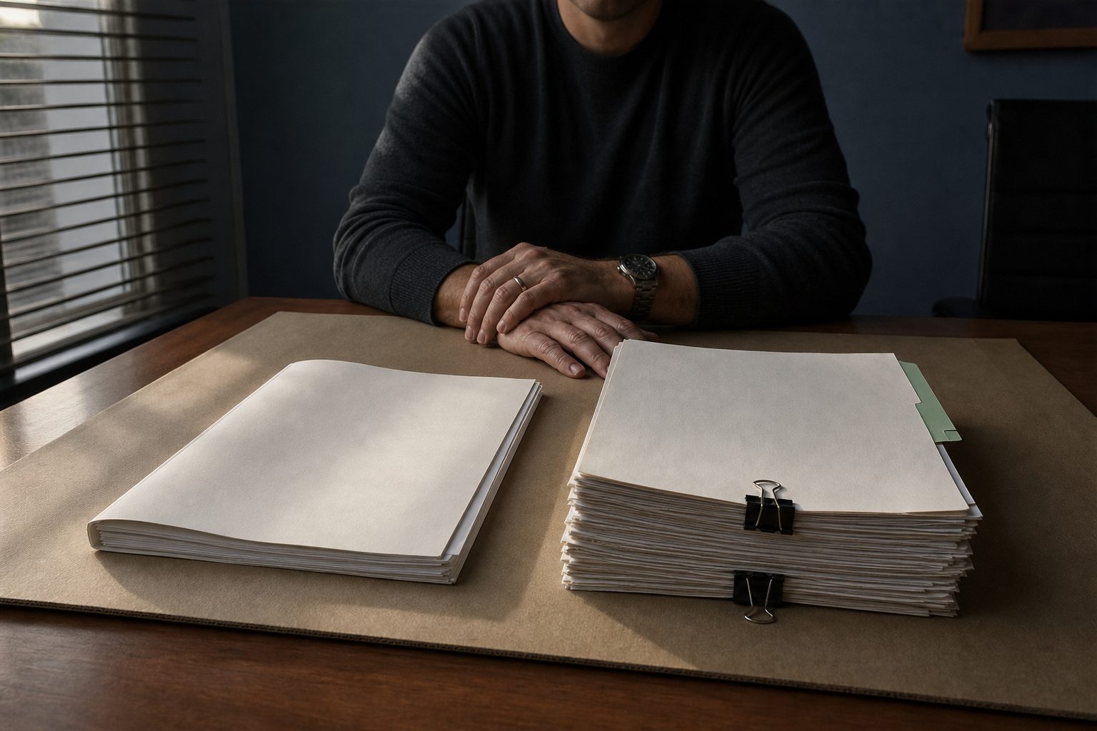 Two policy packets side by side on a kraft desk pad as an agent's hands rest between them in blind light