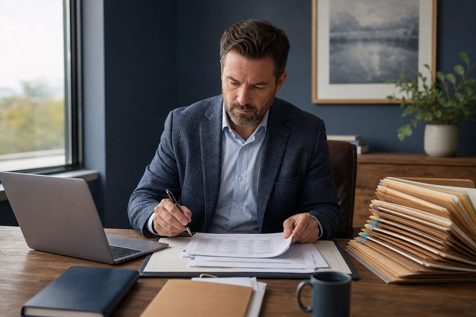 Commercial lines producer reviewing printed loss run pages beside tabbed kraft folders on a sunlit agency desk