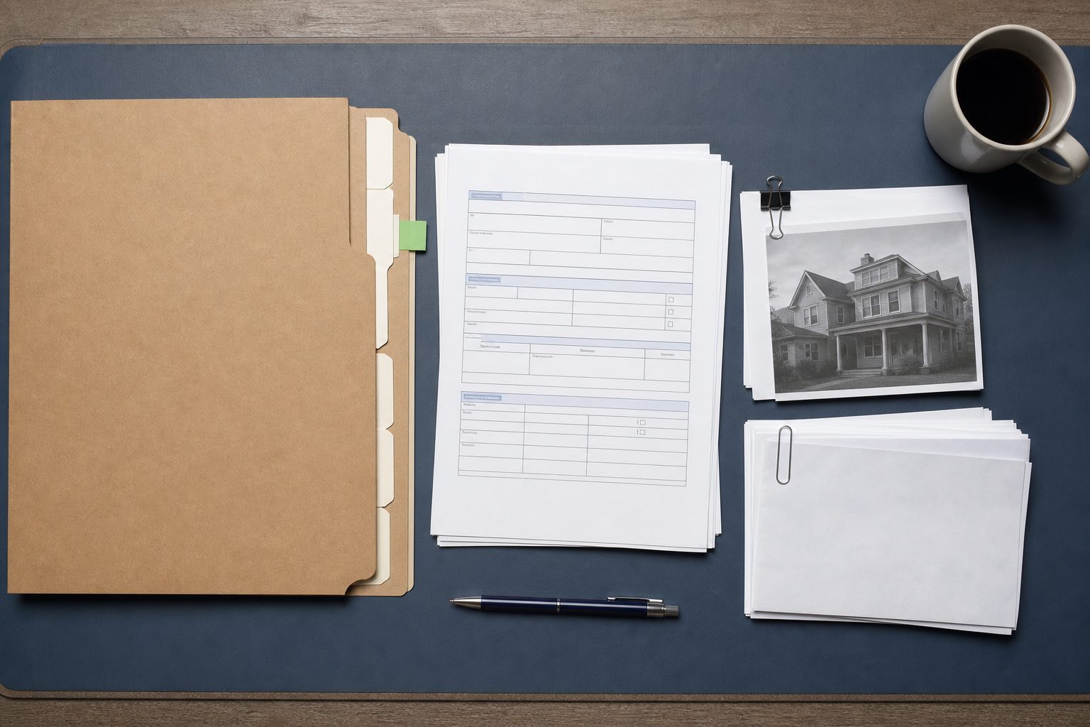 Overhead view of a renewal submission file with tabbed kraft folder, stacked forms, a pen and a coffee mug