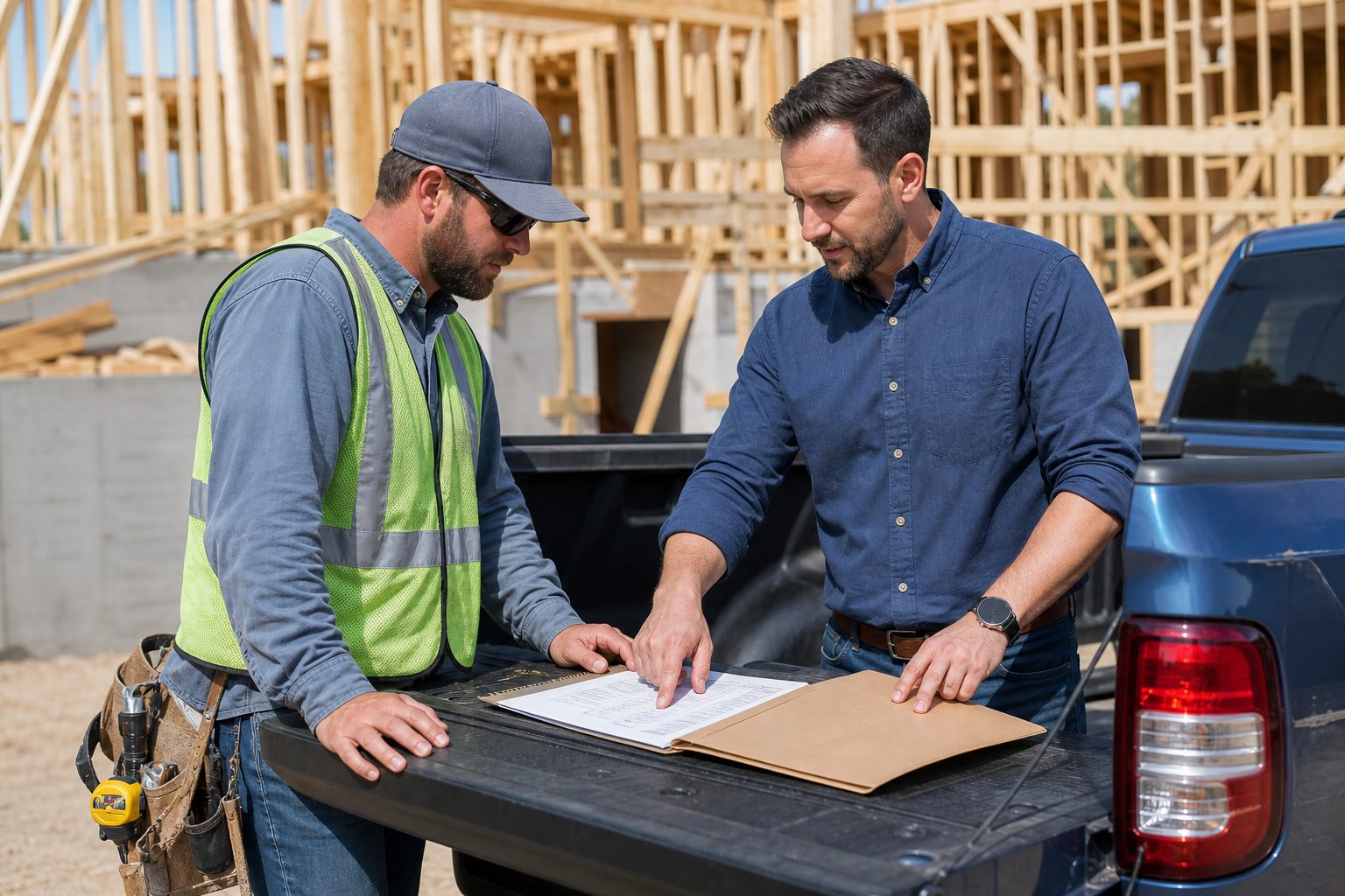 Producer and framing contractor reviewing a printed worksheet on a pickup tailgate at a framing job site