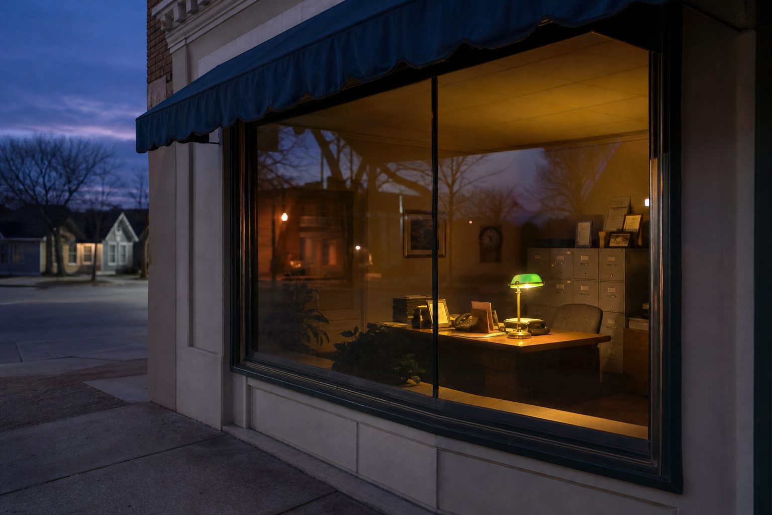 Small town insurance agency storefront at dusk with warm interior light and file cabinets visible inside