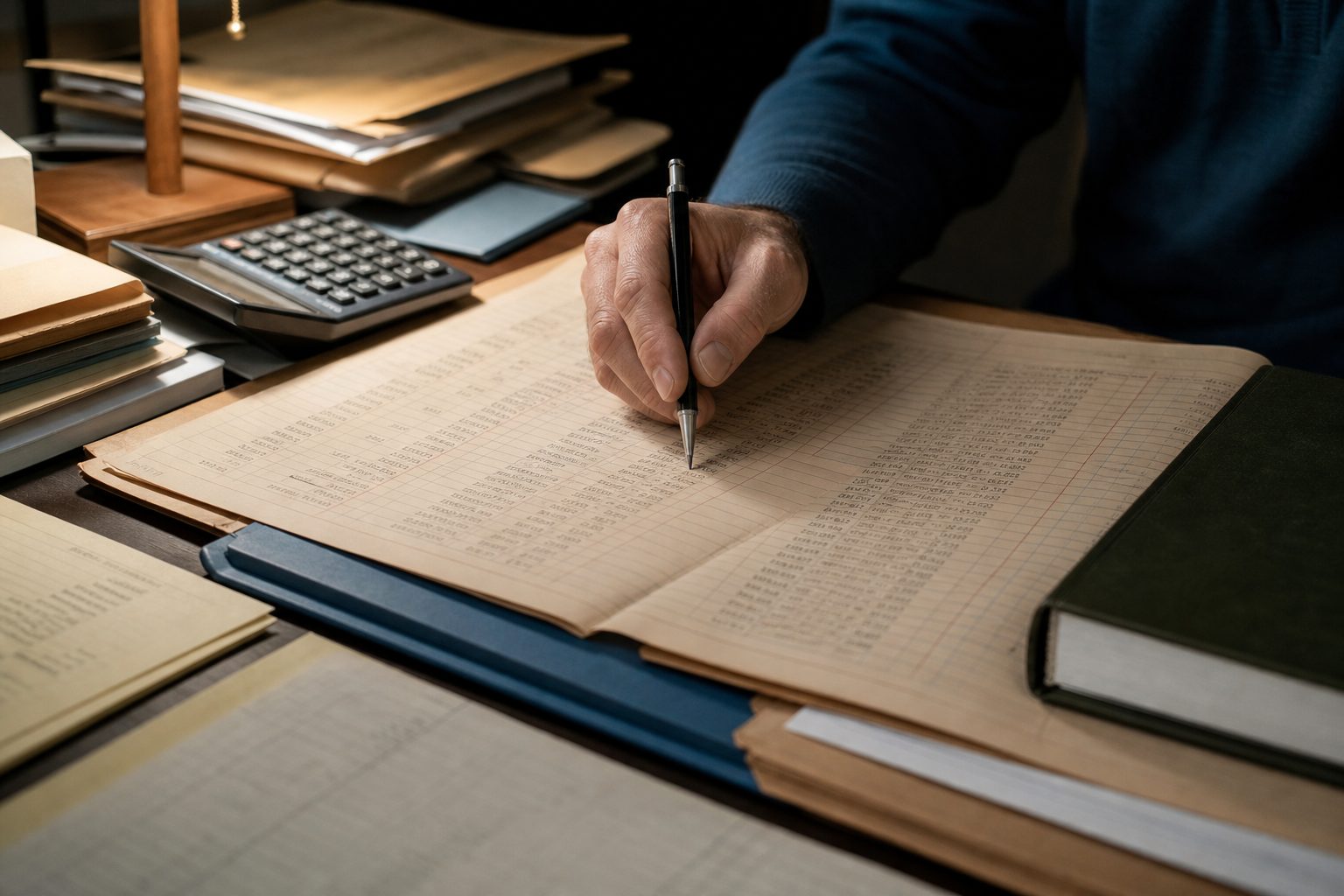 Hand tracing a column on a printed retention report beside a calculator under a warm desk lamp