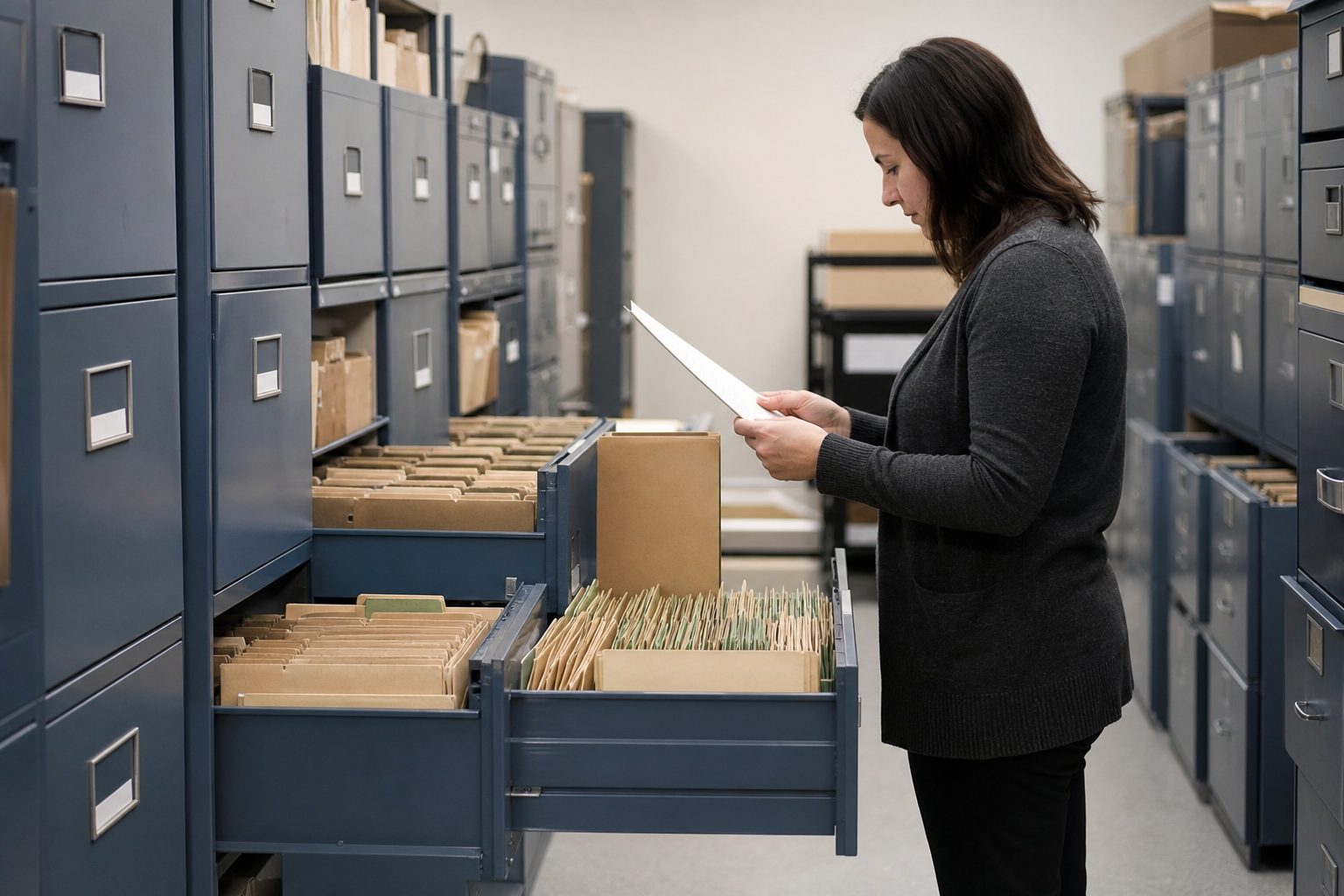 Producer standing in a file room aisle reading a page pulled from open drawers of kraft folders