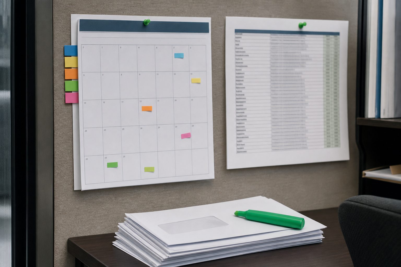 Wall calendar and pinned expiration report with colored date tabs above an agency desk stacked with envelopes