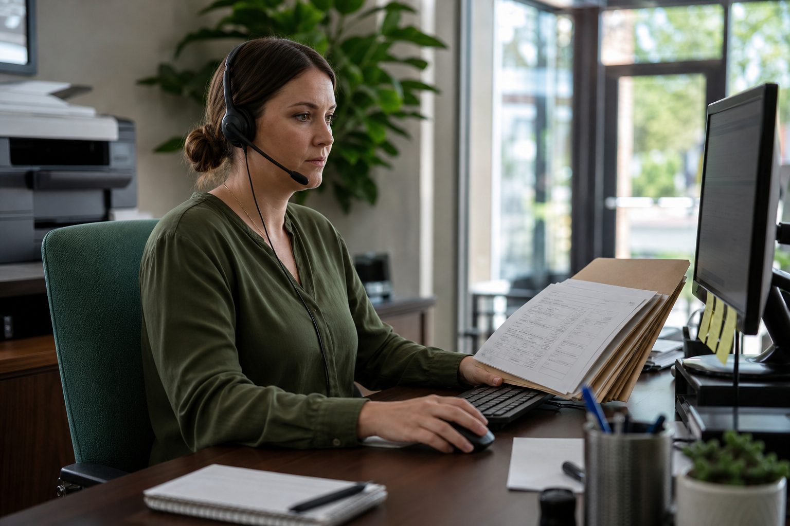Account manager in a headset at a storefront agency desk with renewal pages fanned in a kraft folder