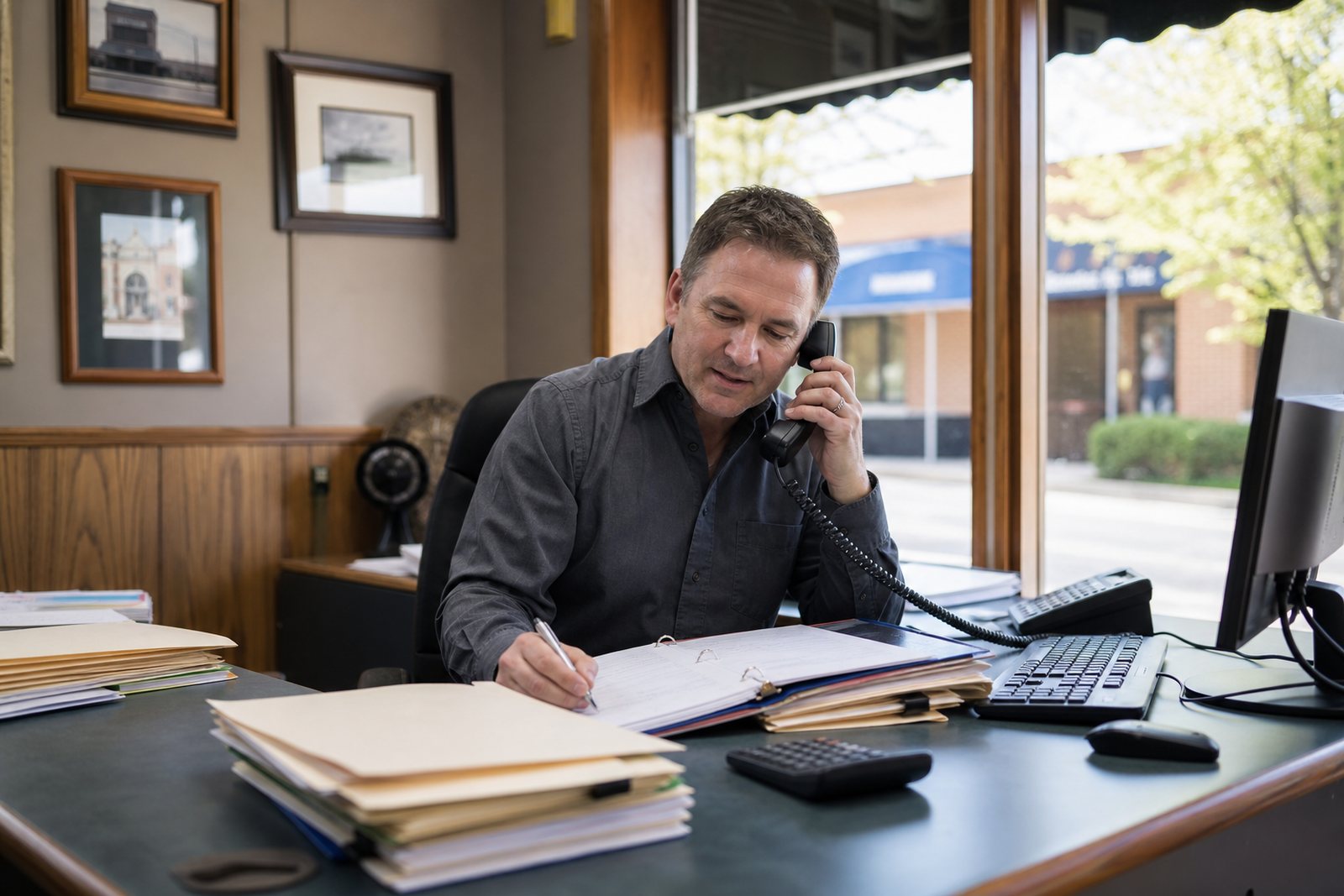 Independent insurance agent on the phone at a storefront agency desk with policy folders and a computer