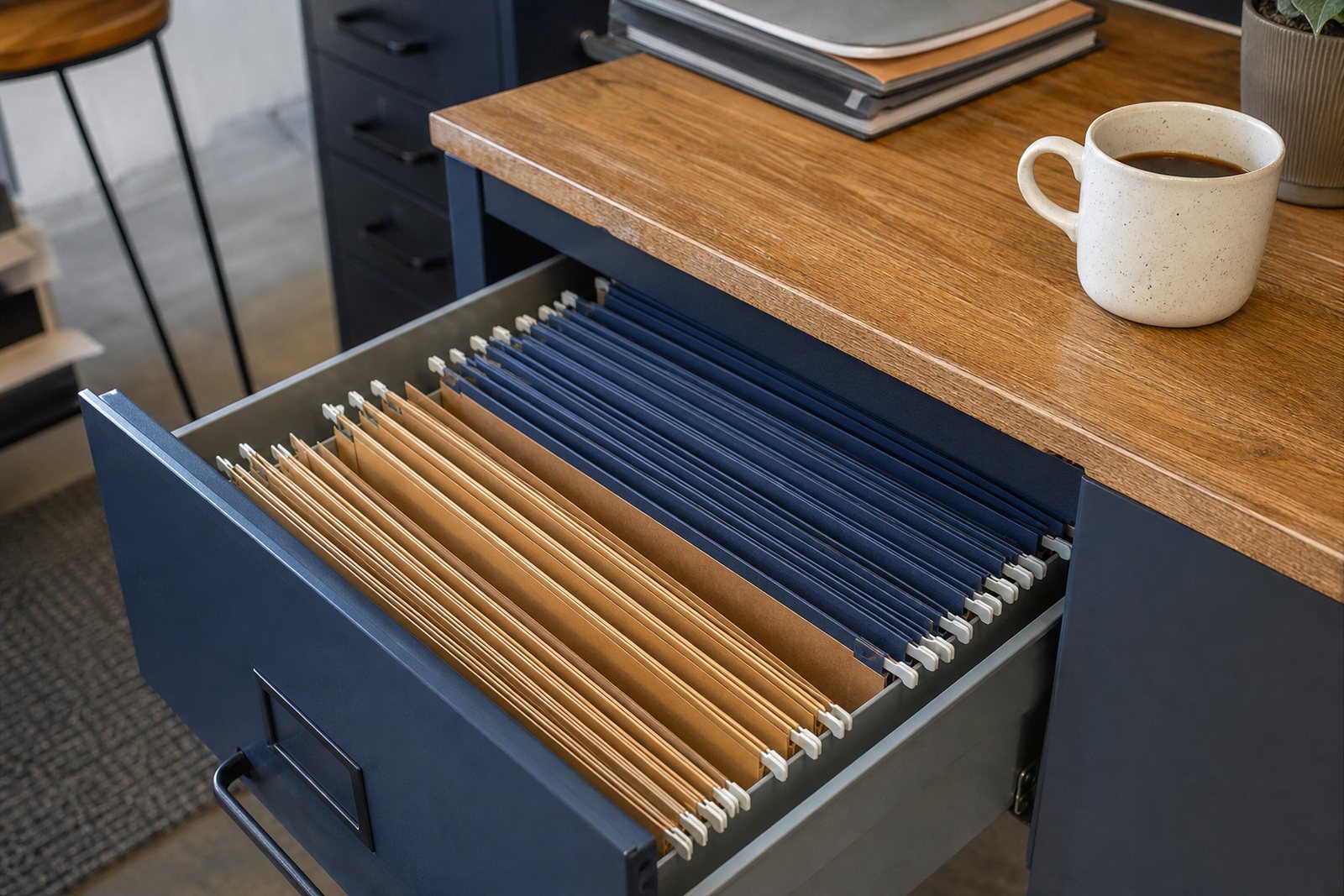 Neatly organized manila policy folders in an open desk drawer beside a coffee mug in an agency office